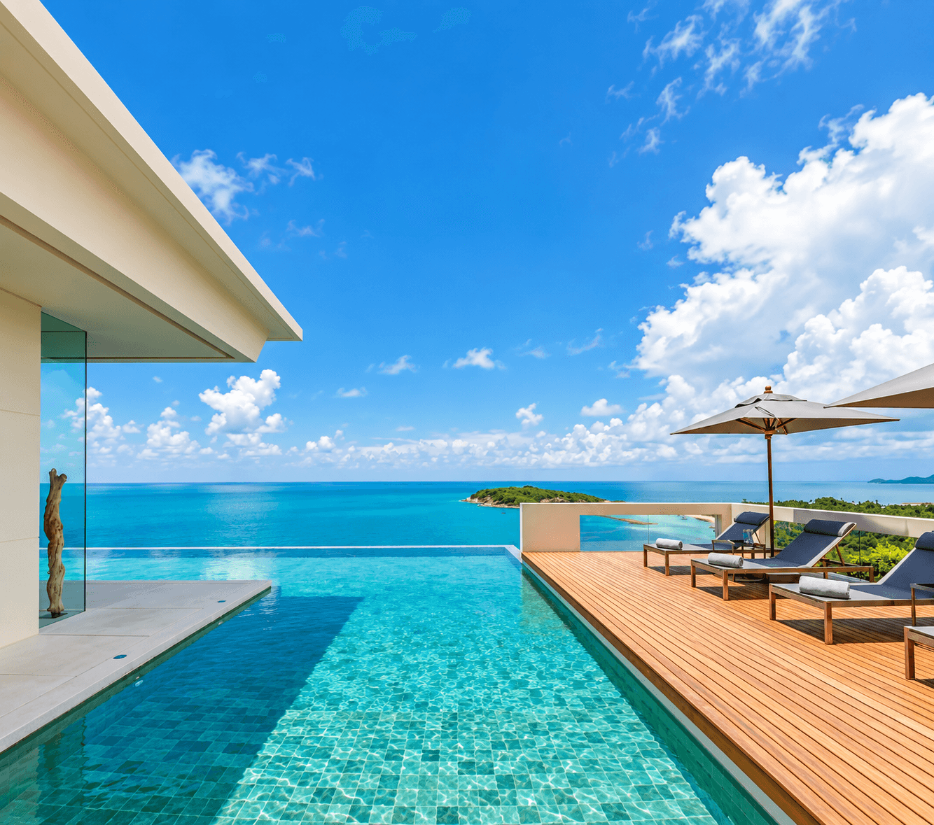 Infinity pool terrace overlooking the bay